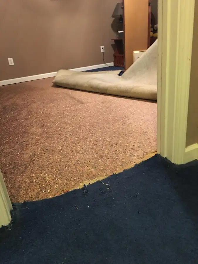 Carpet pad removal revealing water damage during Water Mitigation Services in Oak View